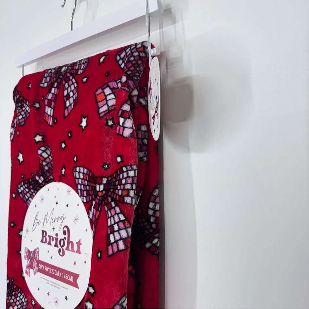 Be Merry & Bright Disco Bow Christmas Throw Blanket 50”x70” Feminine New Nwt